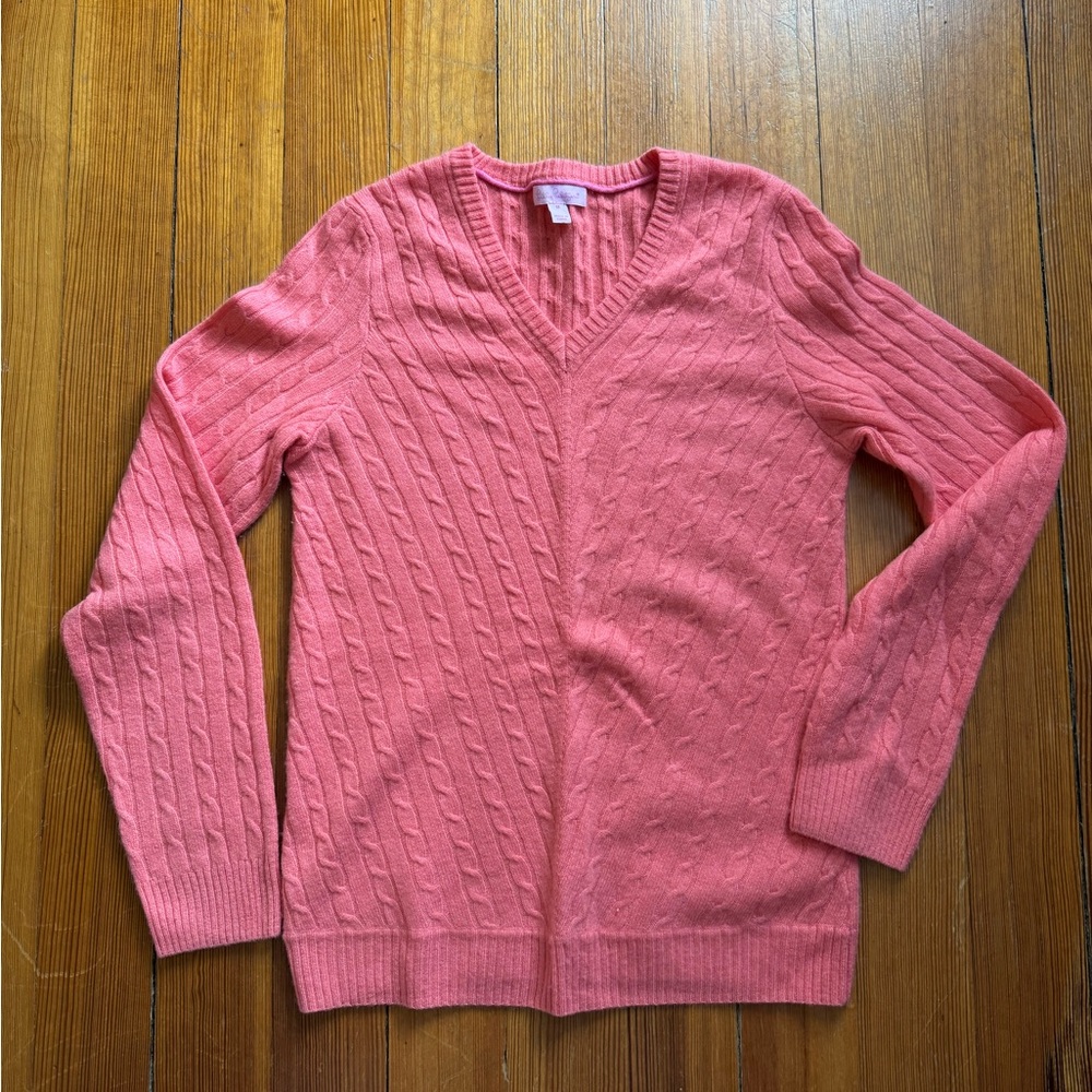 Lilly Pulitzer long Sleeve Coral V-Neck Cable cashmere Sweater -Size M